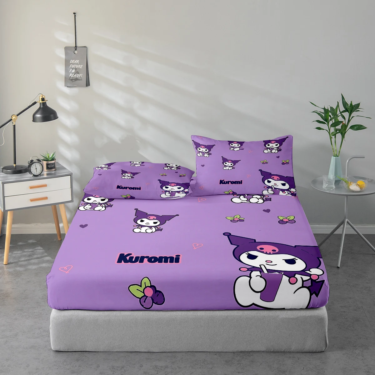 

3-Piece High-Definition Digital Print Bed Sheet Set, Kuromi Large Floral Print Bed Sheet Set, Includes 1 Fitted Sheet + 1/2 Pillowcase, Suitable for Bedroom, Guest Room, Home Decoration, Polyester Fiber Fitted Sheet + Pillowcase, Ultra-Soft Bedding, Thick