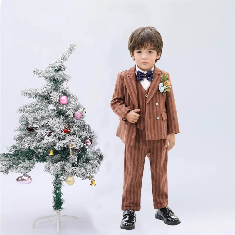

Gentleman Boys Brown Striped Suit Set Kids 5Pieces Wedding Dress With Jacket Vest Pants Bowtie Brooch Children's Birthday Blazer