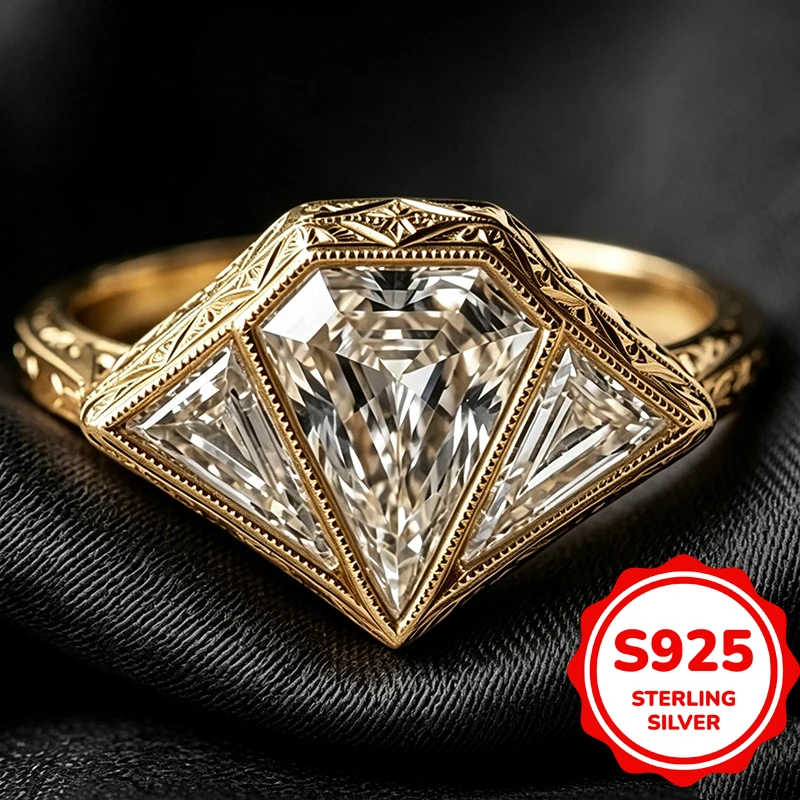 Genuine S925 Sterling Silver 14K Gold Plated Art Deco Three-Stone Triangle Zircon Ring Engraved Women Wedding Engagement Ring