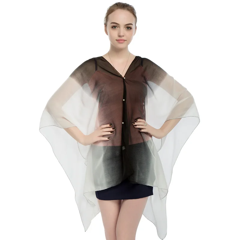 

2022 Summer Style New Chiffon Women Pullover Cape Print Gradient Rainbow Sunscreen Cape Lady Poncho Capes Black Imitation Silk