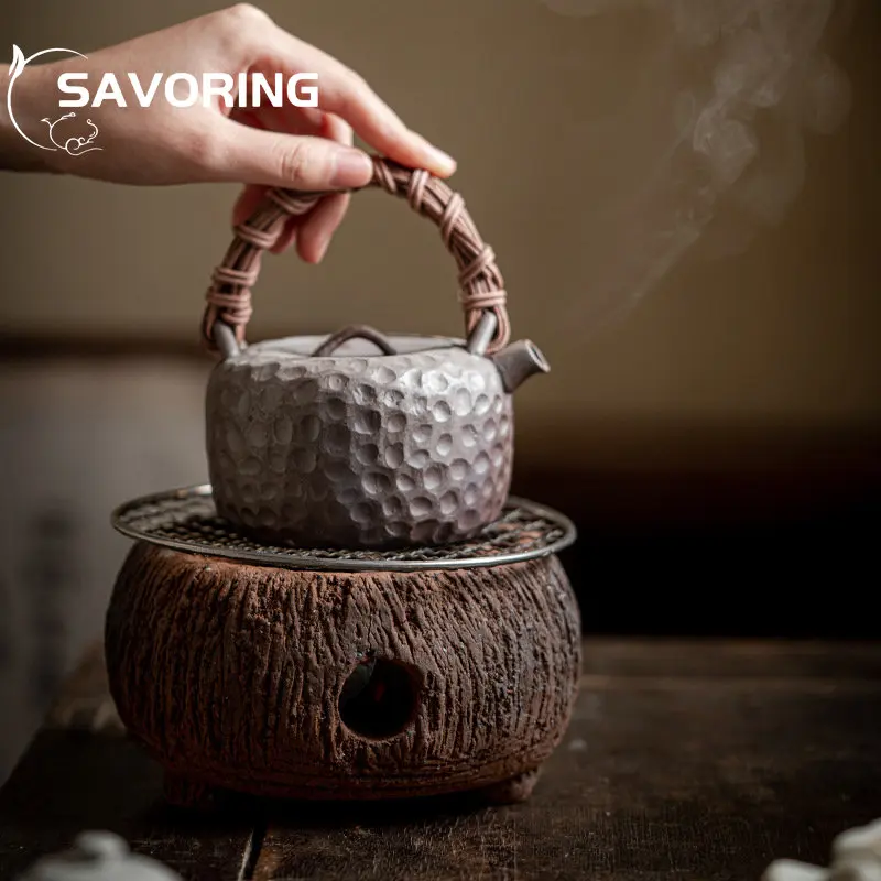 Furnace Cooking Tea Charcoal Stove with Iron Net Handmade Tree Grain Home Indoor Clay Pottery Japanese Retro Small Stove