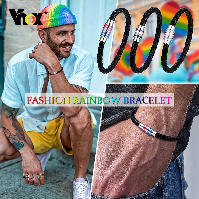 

Vnox Rainbow Woven Leather LGBTQ Bracelets, Lesbians Gays Bisexuals Bracelet,Braided Pride Men Women Couple Friendship Jewelry