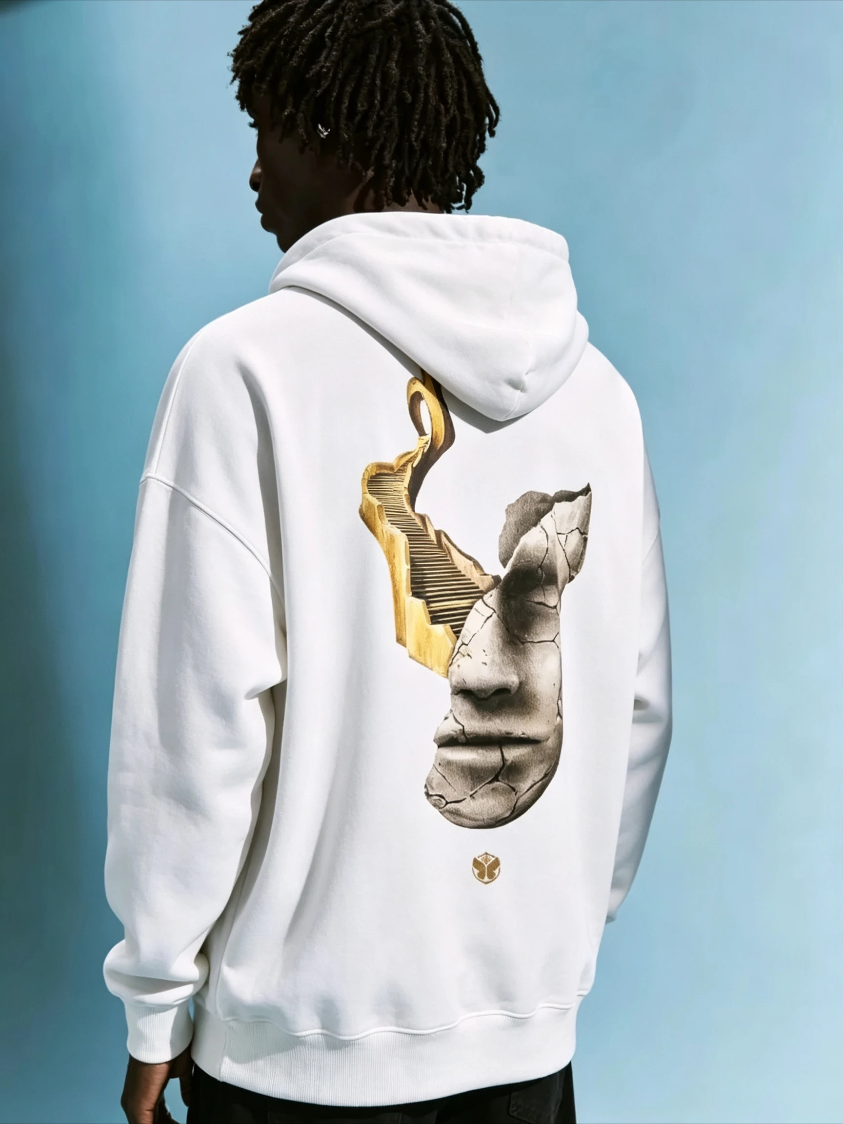 2026 Tomorrowland Consciencia Hoodie mit Rissiger Skulptur-Gesichts- und Goldener Treppen-Rückseitendruck, Unisex Oversized Hoodie EDM – Detail 2