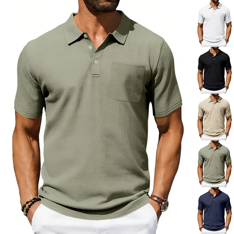 Men's lapel polo shirt, linen summer casual short-sleeved pocket T-shirt, cross-border European and American loose top