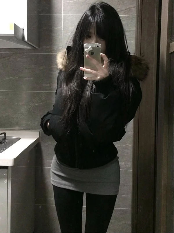 

Slimming Black Hooded Cotton Jacket Korean Style Large Fur Collar Short Coat Winter New Waist-Cinching Fashion Outerwear