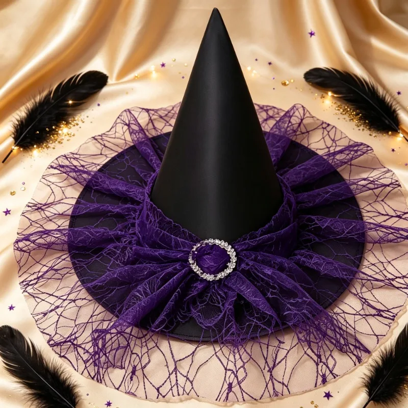 Atmosphere, Halloween Witch Headpiece, Lace Rhinestone Pointed Hat, Spider Web Lace Witch Pointed Hat, Holiday Decoration Props