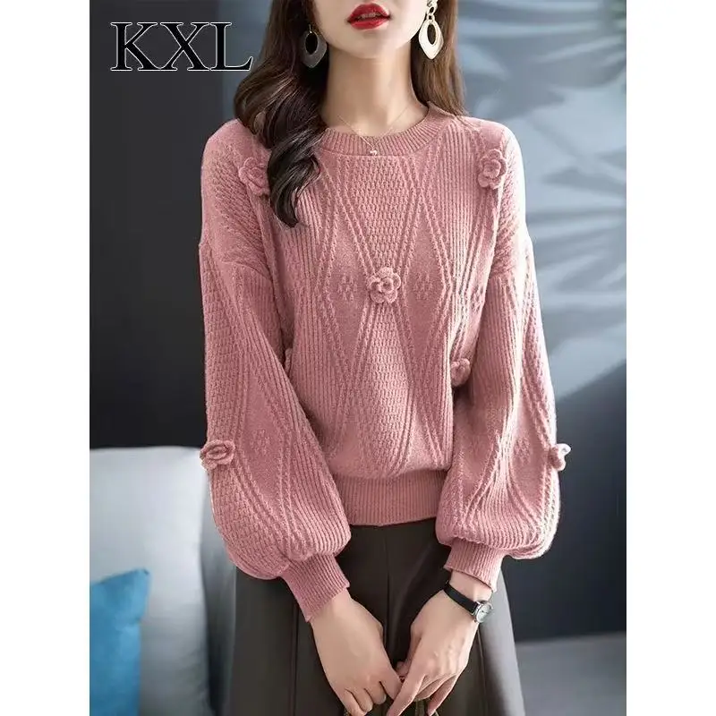 Solid Color 3D Flower Beautiful Pullover Sweater for Women Autumn Winter Loose Lantern Sleeve Knitted Top Fashion Women Clothing 4 Solid Color 3D Flower Beautiful Pullover Sweater for Women Autumn Winter Loose Lantern Sleeve Knitted Top Fashion Women Clothing 4