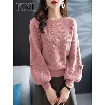 Women's 3D Flower Lantern-Sleeve Knit Sweater 4 Solid Color 3D Flower Beautiful Pullover Sweater for Women Autumn Winter Loose Lantern Sleeve Knitted Top Fashion Women Clothing 4