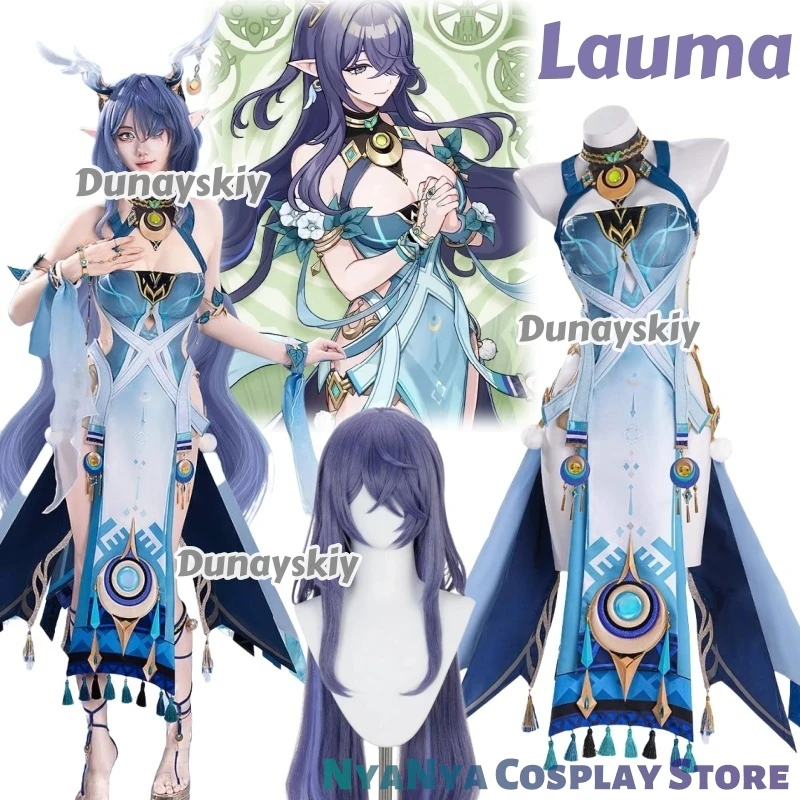 Lauma Cosplay Genshin Impact Kostüm Perücke Kleid Uniform Kopfbedeckung Ohrringe Frostmoon Scions Halloween Party Outfit für Frauen Mädchen