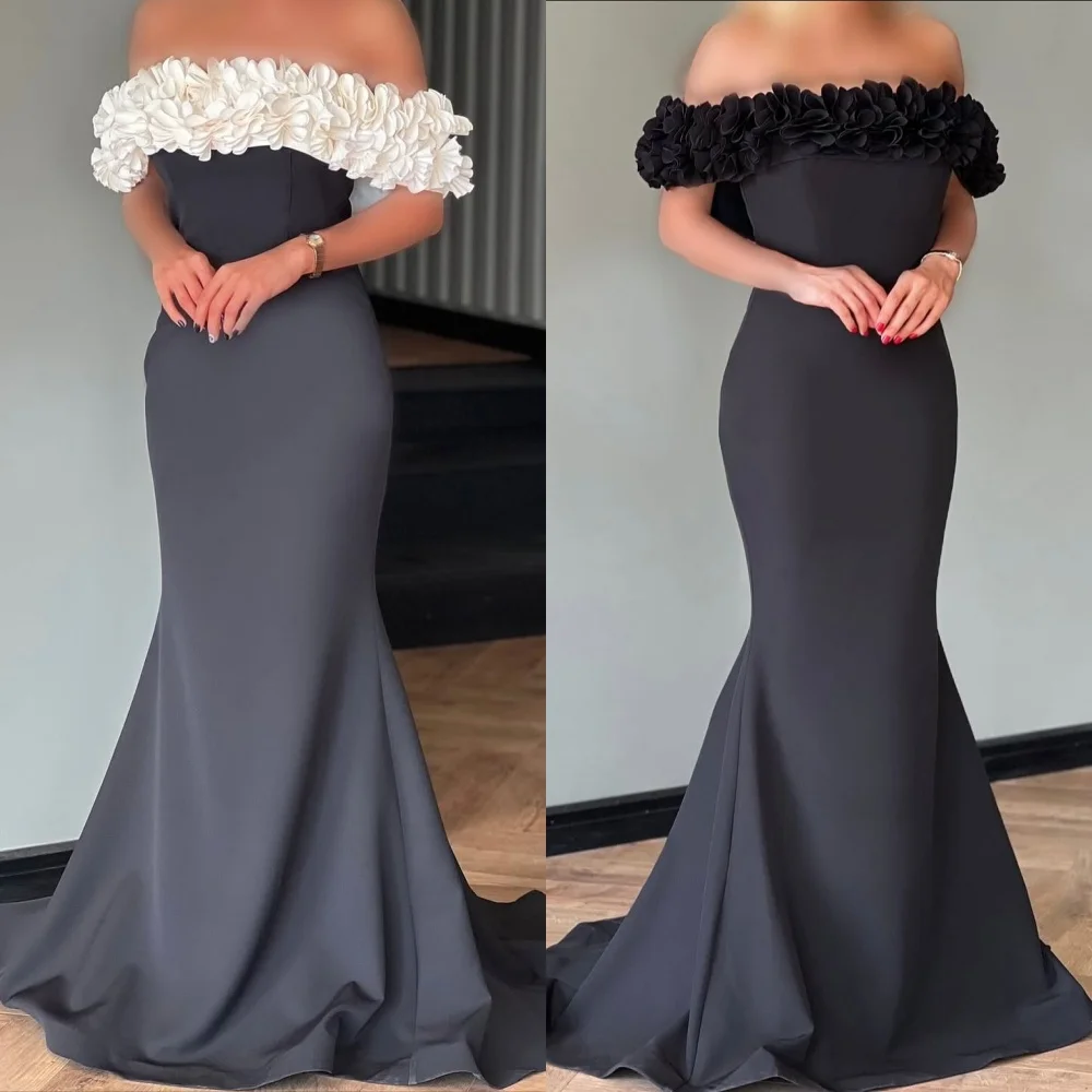

Customized Modern Style Classic Jersey Handmade Flower Ruched Mermaid Off-the-shoulder Long Dresses Bespoke Occasion Dresses