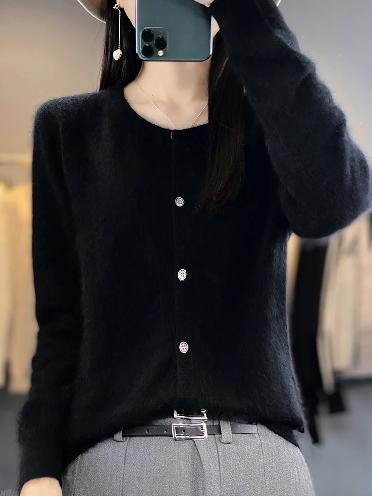 Women Quality 100% Mink Cashmere Cardigan Basic O-Neck Sweaters Autumn Winer Female Solid Color Knitwear Clothing Tops