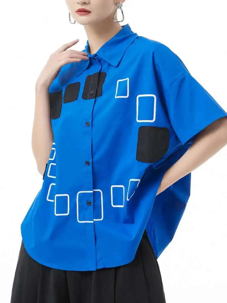 

Women Blue Pattern Printed Big Size Casual Blouse New Lapel Short Sleeve Shirt Fashion Tide Spring Summer