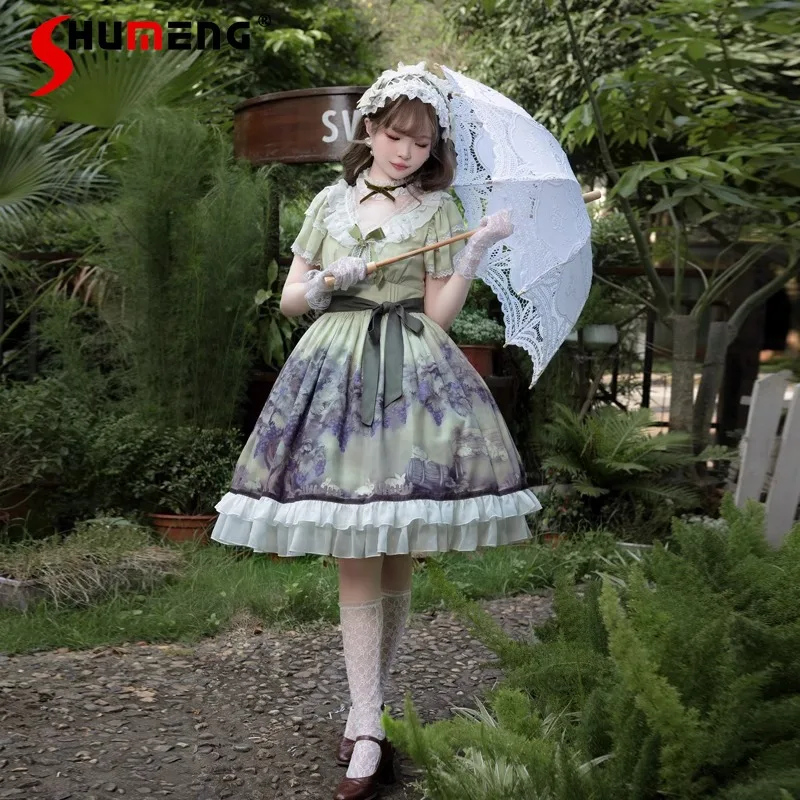 

Japanese Girl Original Lolita Printed Dress High Waist Elegant Partial Oil Painting Style Lace Dresses Knee Length Sweet Vestido