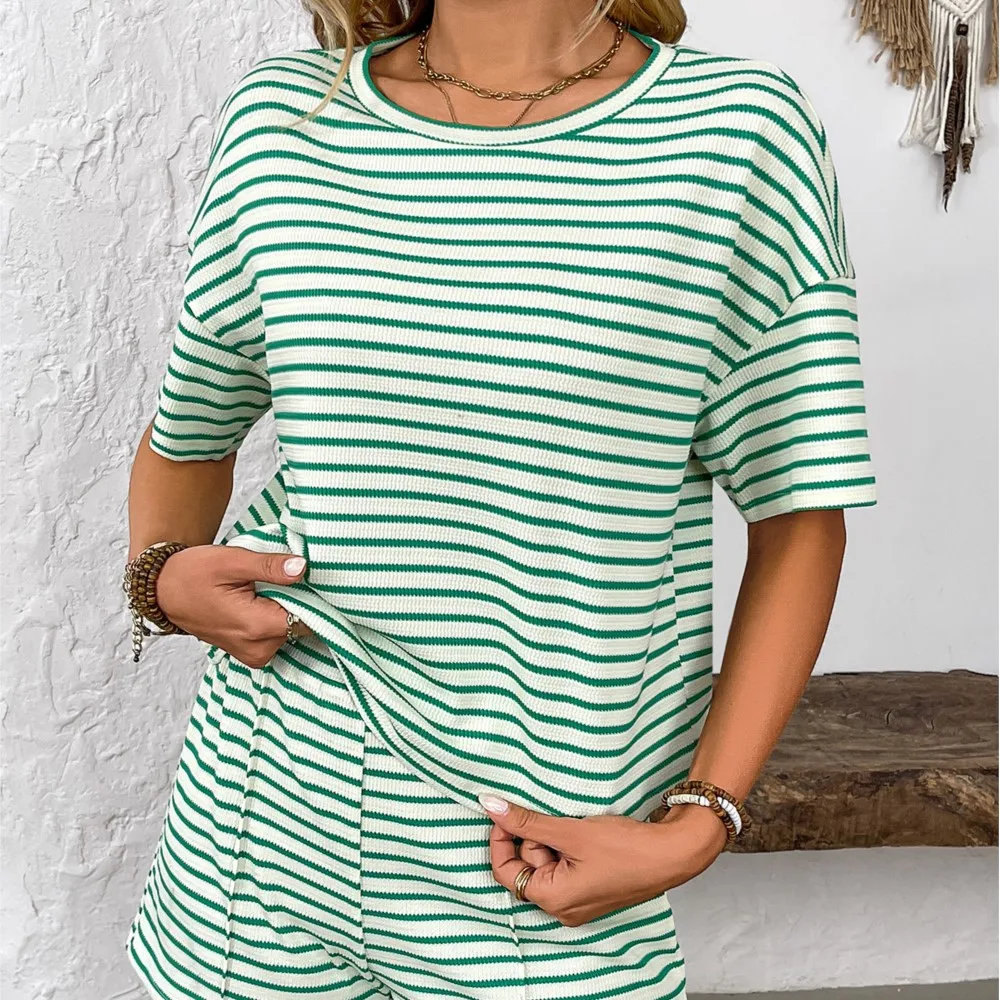 

Casual Striped Shorts Suit Summer Loose Elegant Knitted Short-sleeved Crew Neck Pullover Top High-waisted Shorts Two-piece Set