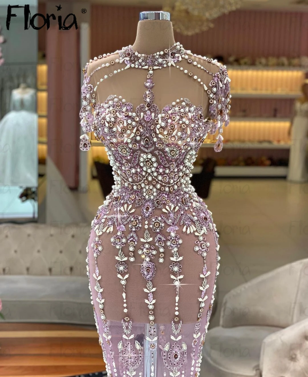 Full Pink Stones Crystals Long Evening Dress Illusion Capes Sleeve Mermaid Beads Prom Gowns Celebrity Red Carpet Dress Couture