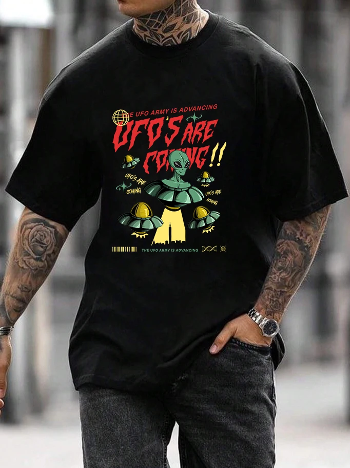 Men Oversized T Shirt UFO Alien Spaceship City Slogan Print Crew Neck Short Sleeve Outer Space Street Loose Casual Tee