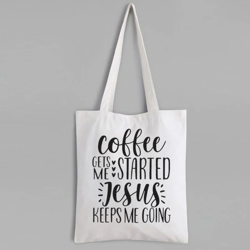 Coffee Gets Me Started Jesus Keeps Me Going Tote Bag Canvas Christian Bag for Women, Funny Christian Tote Bag