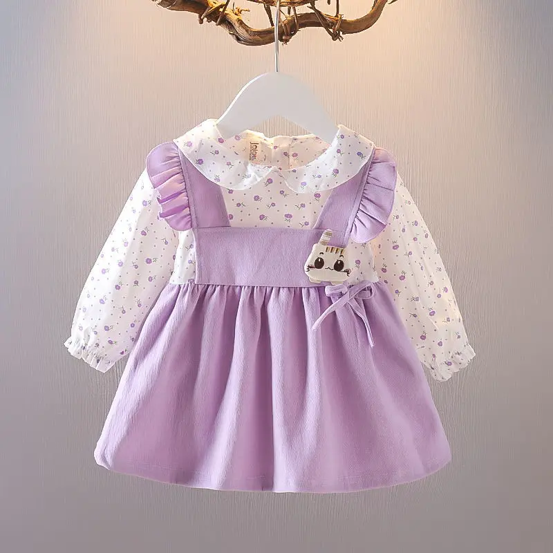 Pure Cotton Spring Autumn Splicing Ruffles Print Bandage Bow Girls O-Neck Cartoon Pleated Long Sleeve Back Button Casual Dress