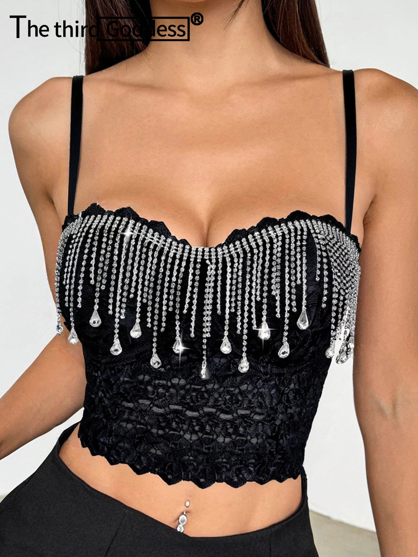 

Sexy rhinestone tassel black corset crop top women summer glitter night club party tops for woman white halter tank top hotwife