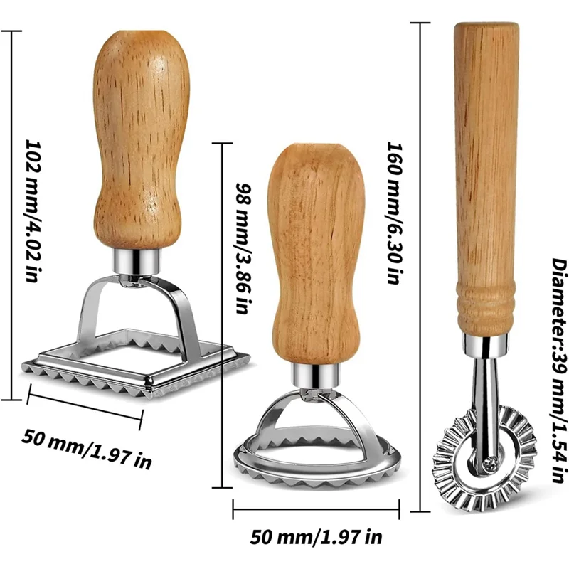 Conjunto de cortador de massa de ravioli, fabricante de carimbo de ravioli com cabo de madeira para ravioli, macarrão, bolinhos de lasanha, pierogi