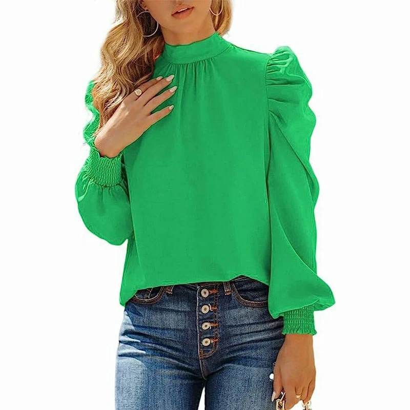 Damen Puff ärmel Blusen verspotten High Neck Plissee Top Bluse elegante Langarmhemd einfarbige Pullover Shirts