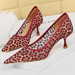 BIGTREE Shoes Mesh Cutout Lace Women Pumps Kitten Heels Sexy Banquet Shoes Stiletto Fashion Ladies Heels Plus Size 43 Sandals