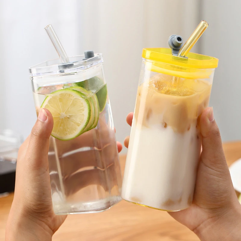 400ml Square Heat Resistant Coffee Glass Cup With Lid And Straw Transparent Milk Tea Juice Cups Coffee Mug Home Bar Drinkware