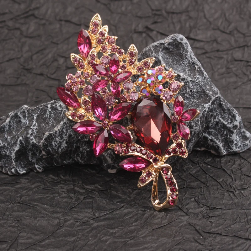 Luxe Burgundy Floral Brooch, Crystal & Gold Opulent Romantic Fashion Accessory