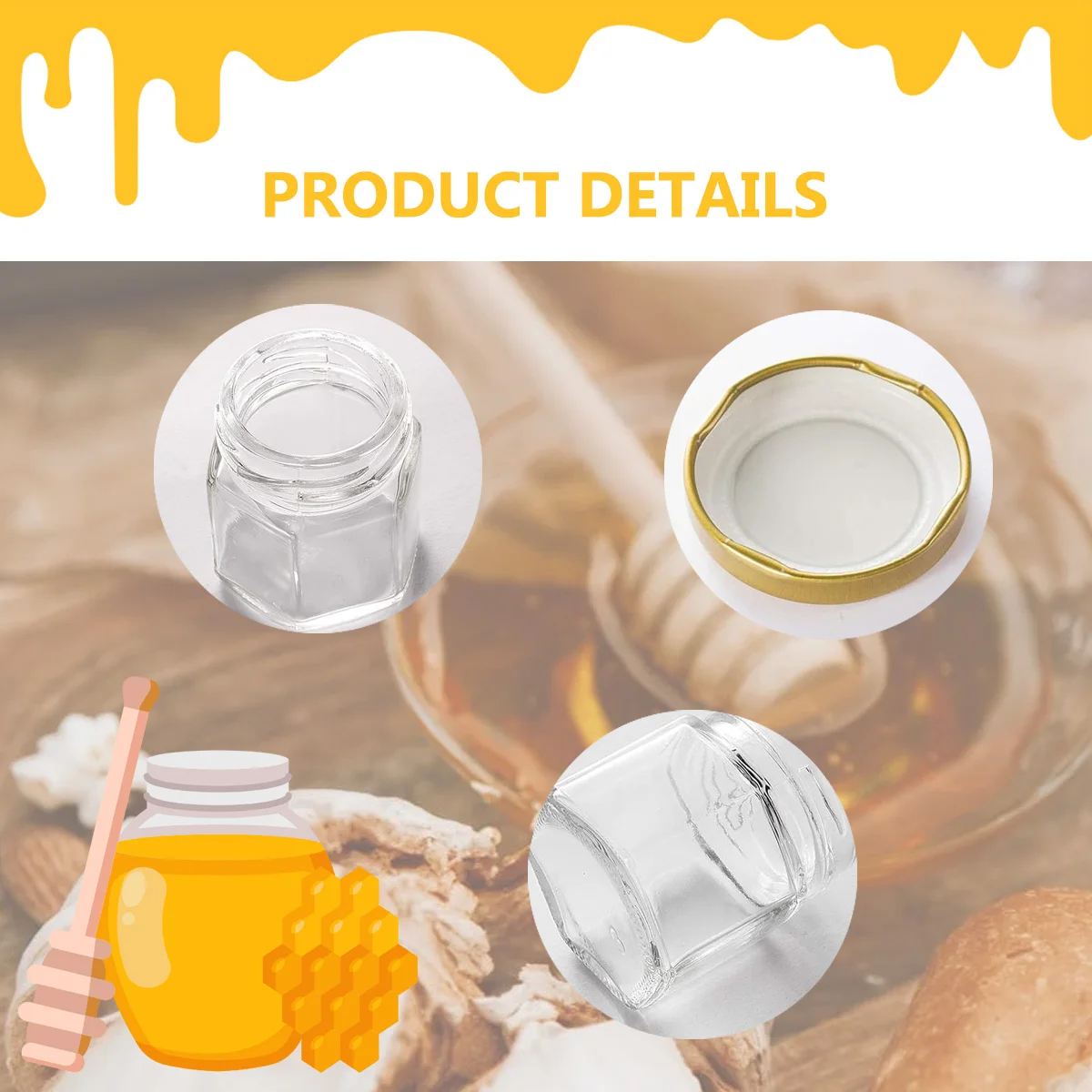 12 Pack 1.5oz/45ml Glass Hexagon Mini Honey Jars with Lids, Extra Wooden Honey Dippers, Bee Charms Pendant, String