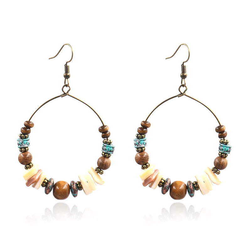 Fashion Bohemian Handmade Beaded Earrings For Women Vintage Shell Wooden Beads Large Hoop Earrings Jewelry