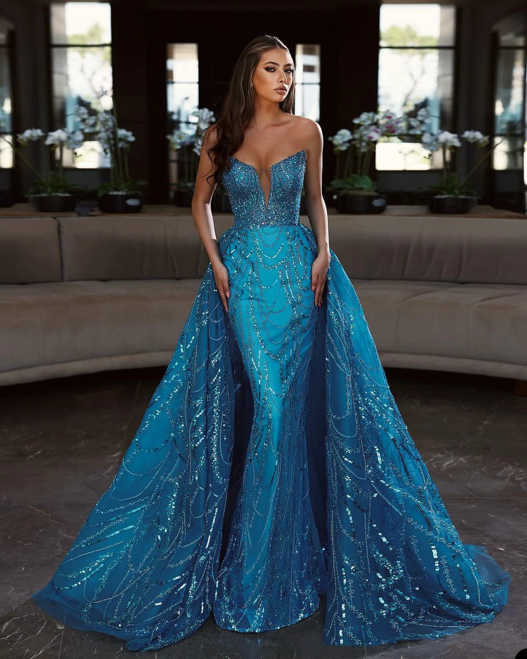 Blue Sequined Mermaid Evening Dress Strapless Sleeveless Custom Made Women Party Gown Detachable Train Prom Robe