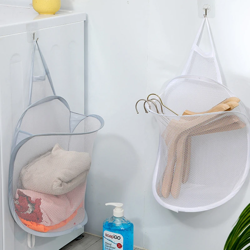 Hanging Laundry Basket Dirty Clothes Storage Mesh Bag Clothes Organizer Foldable Bucket Bathroom Laundry Box Punch Free Hamper