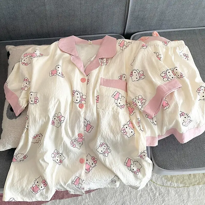 New Kawaii Hello Kitty Pajamas Sanrio Cute Cartoon Anime Summer New Short Sleeved Home Furnishing Comfortable Cool Set Girl Toy