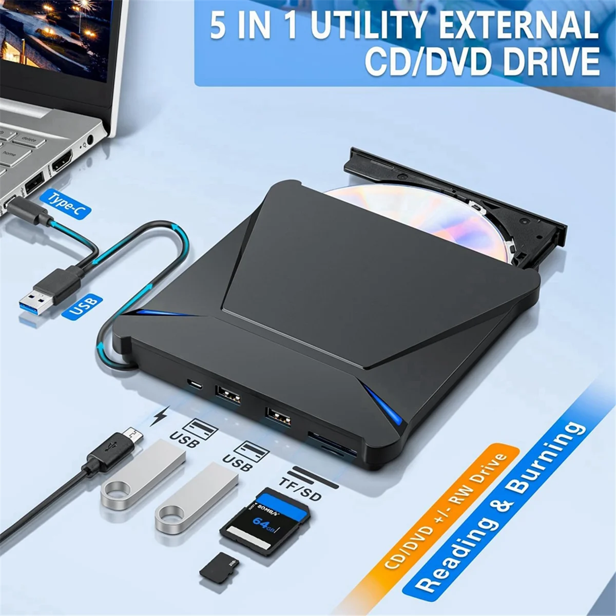 

Popular External DVD Drive, USB 3.0 Type-C, Portable CD DVD Burner with Dual USB Ports and Card Slots
