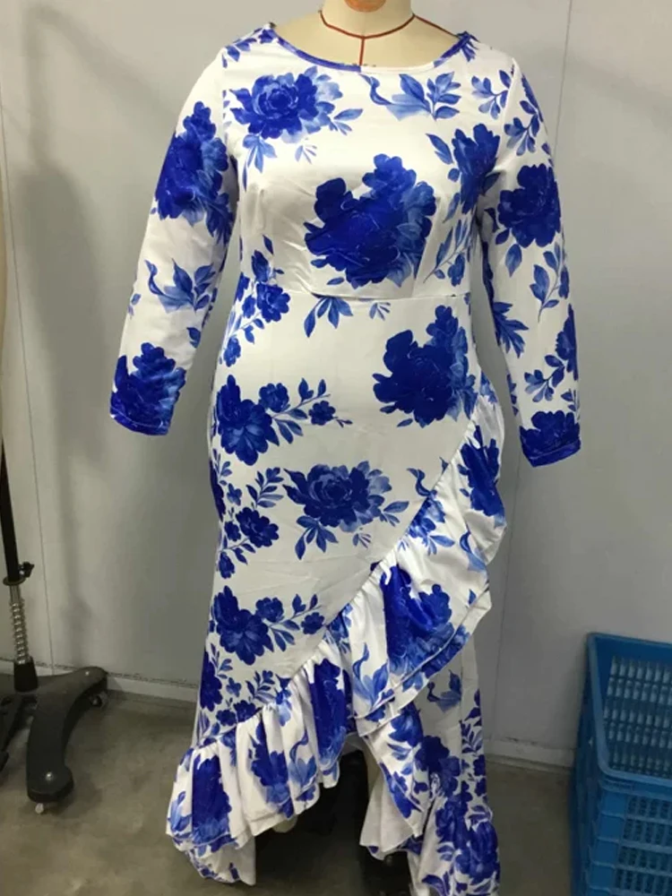 Vestido Maxi de Sirena con Estampado Floral, Cuello Barco, Manga Larga, Volantes y Abertura, Vestido Formal Elegante para Invitadas de Boda, Tallas Grandes para Mujer