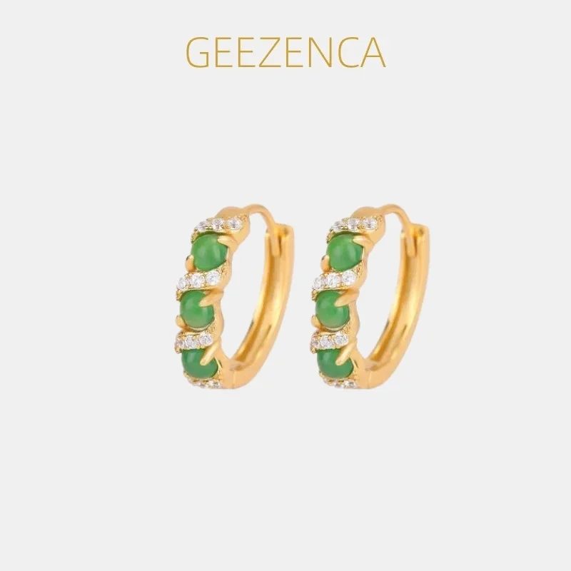 

GEEZENCA 925 Sterling Silver Jadeite Cubic Zirconia Huggie Hoop Earrings Women Trendy Dainty Lightweight Stackable Earring Gift
