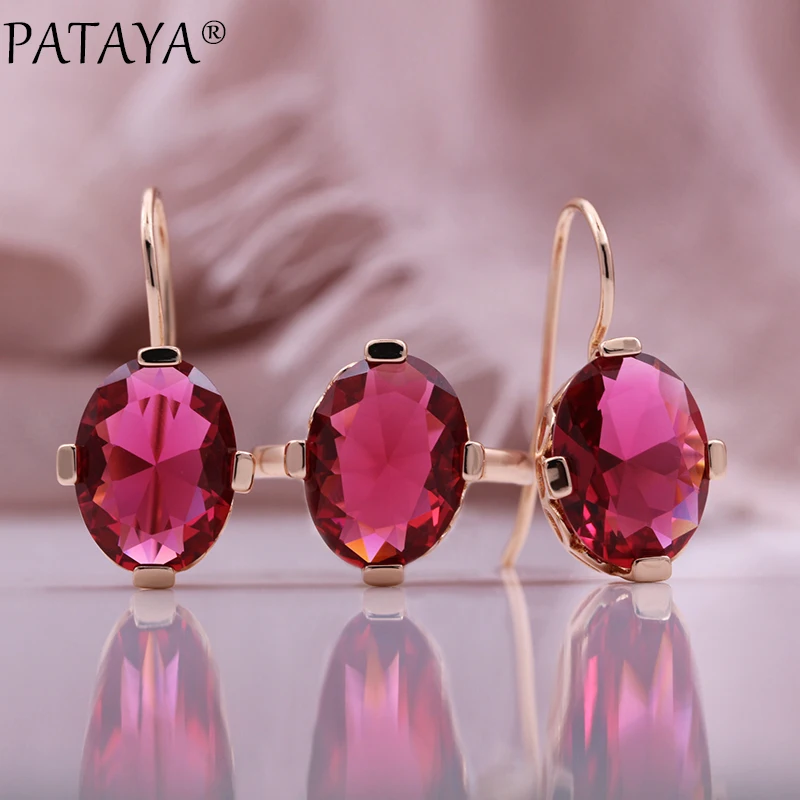 PATAYA New Red Round Drop Natural Zircon Women Sets 585 Rose Gold Color Dangle Earrings Wedding Party Fine Fashion Jewelry Set