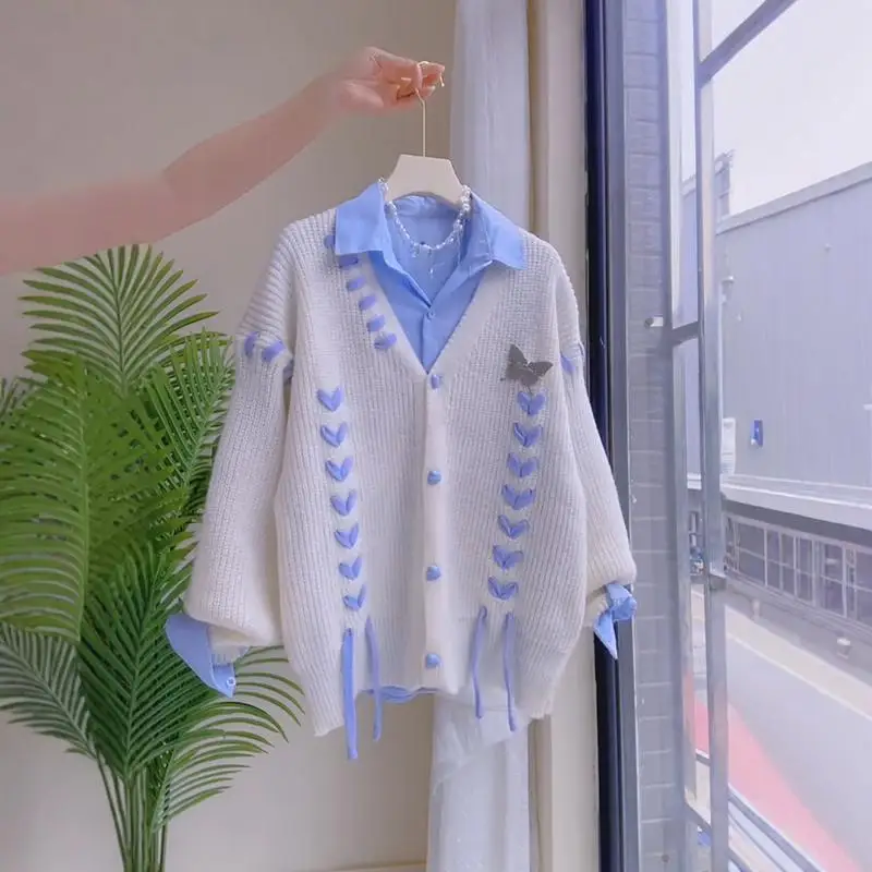 

Мягкий и ленивый стильный кардиган-рубашка для женщин на осень и зиму, новый свободный темпераментный свитер, куртка, комплект из двух предметов