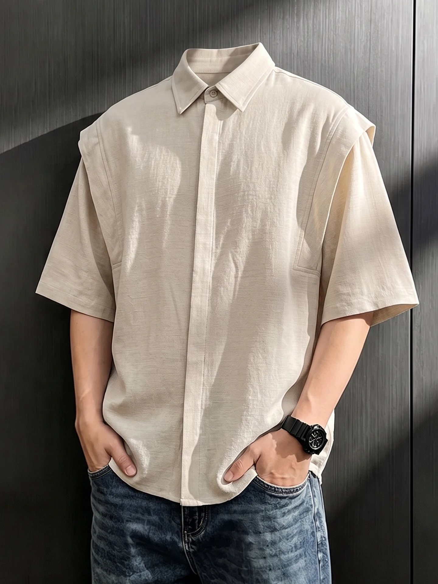 Loose Fit Linen Short Sleeve Shirt Men Summer Thin Deconstructed Casual Half Sleeve Cleanfit No Pocket Youth Daily Wear