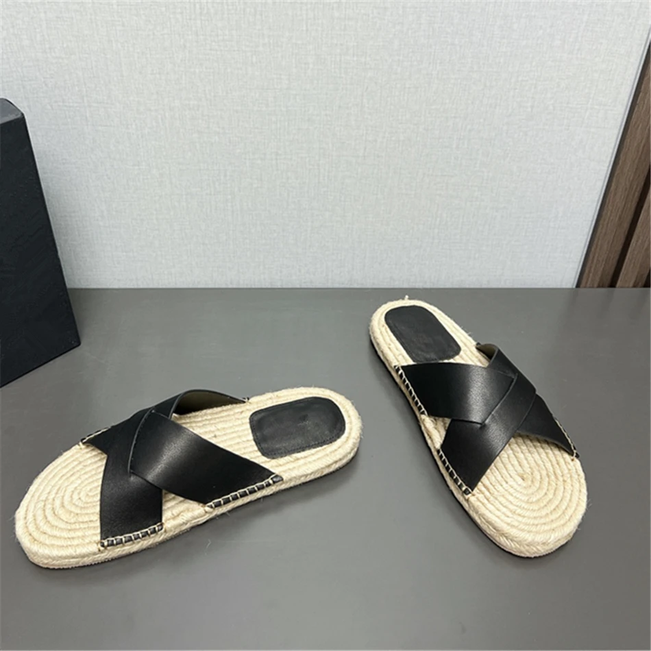 Men's Suede Espadrille Sandals High Quality Real Leather And Woven Crisscross Flat Shoes 2024 New Luxury Walk Sandals For Men