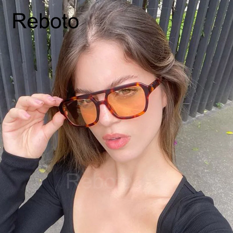 Vintage Double Bridge Square Sunglasses Women Fashion Polygon Yellow Leopard Ladies Sun Glasses Retro Orange Eyewear