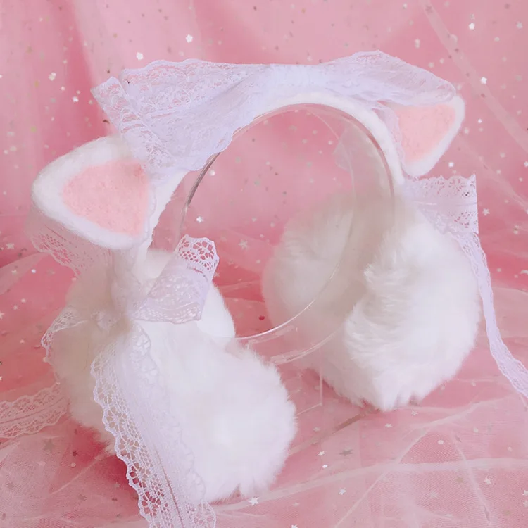 Sweet Cute Lolita Plush Warm paraorecchie Lolita Strawberry Cat Ear Bowknot Lace Warmer paraorecchie Kawaii Headband Gift