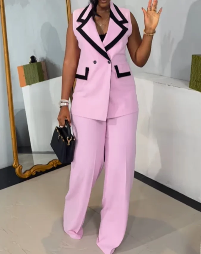 

Women's Pants Sets Temperament Commuting Work Elegant Colorblock Sleeveless Turn-Down Collar Top Button Blazer Sets for Women