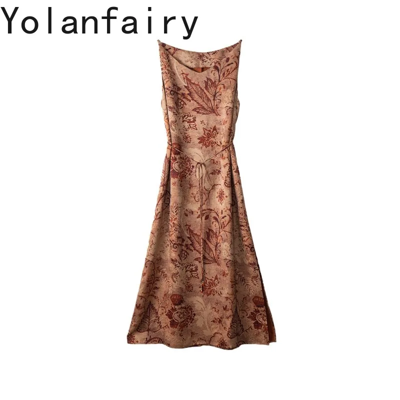 YOLANFAIRY 100% Natural Mulberry Silk Dress Women Hualuo Red Gambiered Silk Cami Dresses Waist Tie Elegant Long Maxi Silk Dress