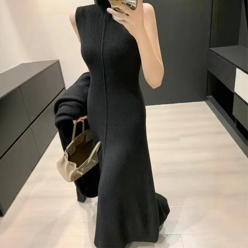 EAEOVNI Elegant Knitted 2 Piece Set Women Long Cardigan Long Coat + Sleeveless Slim Solid Color Dresses Fashion 2025 Winter New