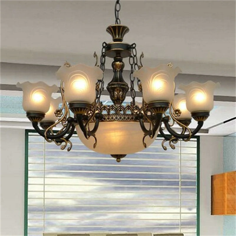 

European Classic Vintage Wrought Iron Chandelier Glass Lampshade Light Living Room Bedroom Kitchen Home Decor Lighting Fixture