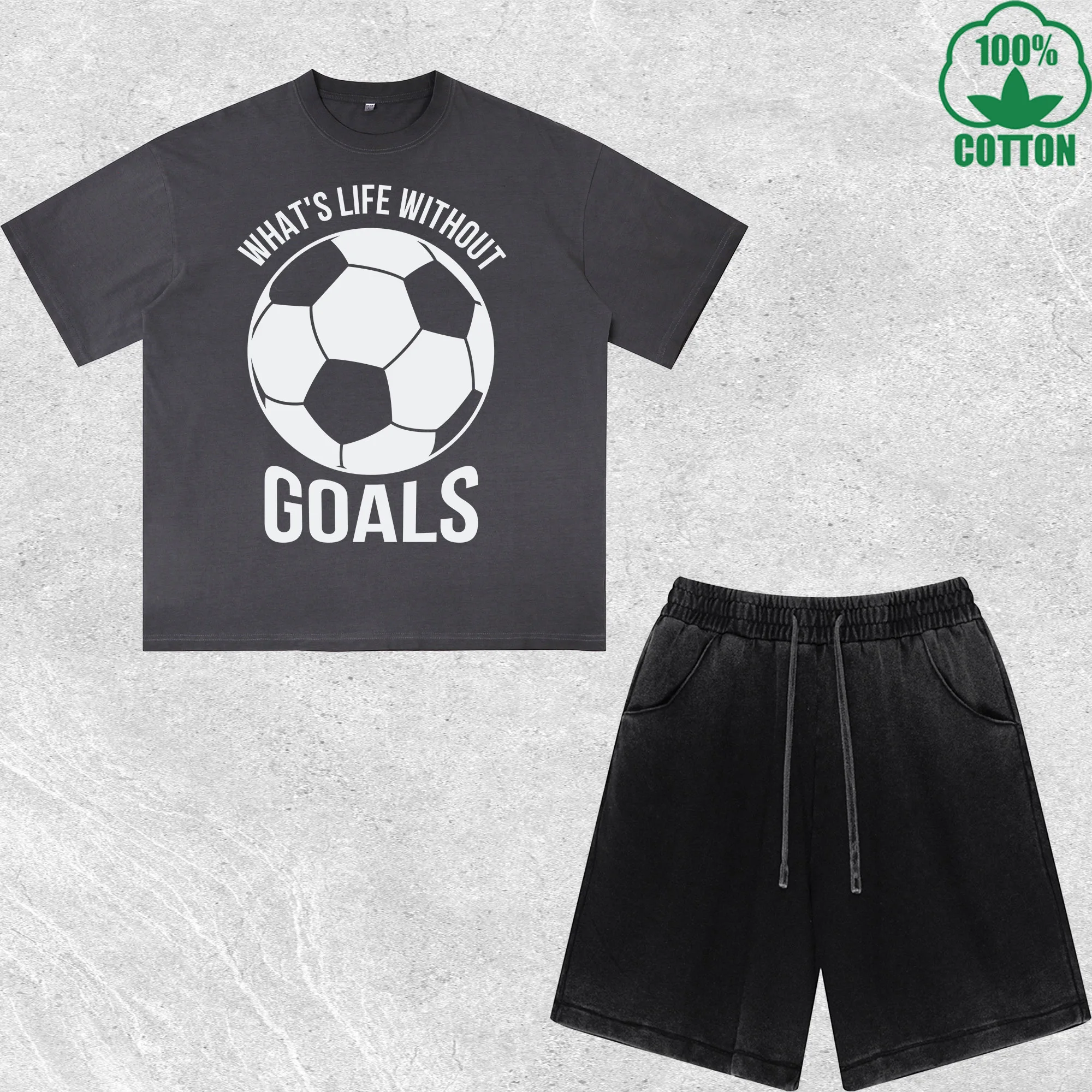 

Goals Printed Dirty Wash T-Shirt Shorts Set Combo Loose Trendy Fashionable 100%Cotton Black Suit