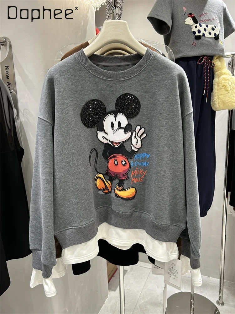 

Patchwork Crew Neck Sweatshirts Women Autumn and Winter New Sequins Cartoon Loose Drop Shoulder Long Sleeve Pullover Tops