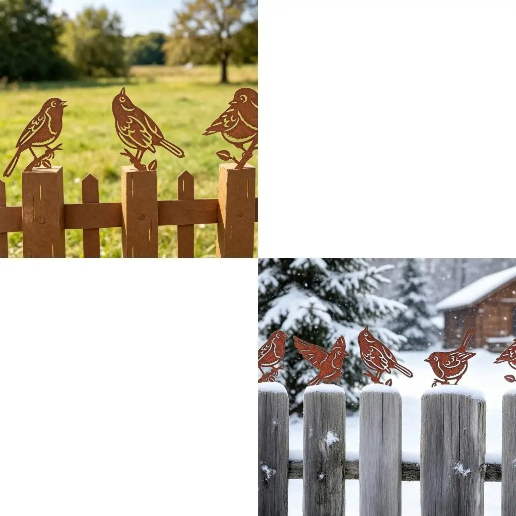 Brown Metal Bird Wall Hanging, 5 Piece Bird Wall Art Set for Fence Garden Balcony and Outdoor Wall Placement with Mixed Bird