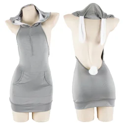 Anime Bunny girl Costume Cosplay donna Sexy Backless abito con cappuccio Kawaii Cute Zipper felpa con cappuccio camicia da notte pigiama vestiti di Halloween